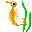Four pixelated seahorse-like creatures with orange-brown bodies and white eyes with black pupils, positioned among green seaweed strands on a gray background.