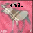 Pixelated image with pink background and stylized text 'emily' above a blurred figure.