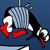 Pixelated character with black and white body, red accents, and blue striped torso against dark blue background.
