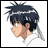 Pixelated anime-style character with dark blue spiky hair and white streaks, side profile facing left, on white background, next to black with white text