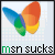 Butterfly-shaped icon with blue, green, orange, and yellow gradient wings above text reading 'msn sucks' on a light background