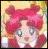 Pixelated chibi-style character with pink hair in twin buns, large green eyes, and a white face against a gradient background.