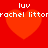 Red background with four identical orange hearts arranged in a , each heart overlaid with white pixelated text reading "luv" above and partial name "rachel littom" below