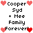 Pixel art icon with text 'Cooper', 'Syd', '+ Mee', 'Family', 'Forever!' surrounded by red and pink hearts, alternating between red and pink heart colors.