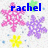 Pixelated image with blue text 'Rachel' above three star-shaped icons in pink, purple, and yellow on a white background.