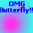 Pixelated blue text reads "OMG Butterfly!Butterfly!" over cyan and pink gradient background with blurred circular shapes.