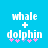 Pixelated text 'whale + dolphin' in white with pink and purple starbursts on a solid blue background, showing animation changes in starburst positions.