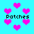 Pixelated pink hearts and the word 'Patches' on a cyan background with some blurred heart shapes.