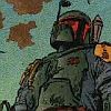 A pixelated character in green armor with red visor details and a helmet-mounted antenna, viewed from the side against a light blue background with brown patches.