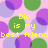 Pixelated icon with pink background and overlapping purple-green circles, displaying yellow text fragments.