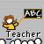 Pixelated cartoon teacher with brown hair in yellow shirt points orange pointer at ABC chalkboard, standing above white cloud shapes on gray background.