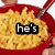 six showing a red bowl of macaroni with a spoon, each displaying a different word or symbol in black text over the macaroni