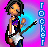 Pixel art icon of a female musician playing electric guitar with blue text 'ROCKER' on the right, set against pink and cyan gradient background.
