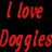 Static pixelated icon with red text on black background reading "I love Doggles" in two lines.