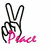 A hand making a peace sign with pink 'Peace' text below, next to a heart-shaped collage of colorful figures and the word 'love'.