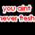 Red pixelated text on black and gray backgrounds reads 'you aint never fresh', 'a bad expiration date', and 'you like' in separate sections.