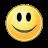 Two yellow circular smiley faces on black background; left face has solid black eyes and curved mouth, right face has closed eyes with curved lines and wide red mouth.