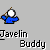 Pixelated blue figure with white head holding brown stick, repeated in pattern below text reading "Javelin Buddy" on gray background