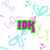 Pixelated text overlays in green and pink on a white background with pastel-colored heart-shaped butterflies.