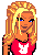 Pixel art of a blonde woman in red crop top and skirt with white bunny logo, standing against white background.