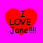 Four identical red heart-shaped icons with black text "I LOVE Jane!!!" on a bright pink background, arranged in a