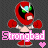 Pixelated character with red mask and green eyes, boxing pose under pink 'Strongbad' text with heart symbol.