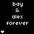 Pixelated text 'bay & alex forever' with white hearts on black background, showing animation of heart count increase from one to five.