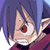 Pixelated close-up of a character's face with blue hair, red eye, and open mouth showing teeth, wearing a dark purple outfit against a light background.
