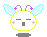 Pixelated character with light blue wings, purple antennae with pink stars, pink cheek marks, and a yellow outline on a gray background.