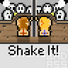 Animated contact sheet showing 24 frames of a pixel art character shaking on a brown ground with white smoke effects, each frame labeled "Shake It!" below.