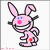 Pixelated bunny with pink and yellow color variations, smiling face, blue eyes, red nose, and a small red spot on its body against white and orange backgrounds.