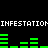 Pixelated green audio bars and repeated white text on a black background, with two distinct bar patterns alternating.