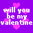 Purple background with pink heart shapes and repeated white pixelated text reading "will you be my valentine" in four identical sections.