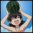 A pixelated anime-style character balancing a watermelon on her head against a blue sky background, with "Anime IM" and "COM" text in white stylized font on black background to the right.