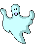 Six pixelated ghost icons in light blue with black outlines, each showing different arm positions and mouth expressions against a gray background.