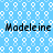 Blue background with repeating white circular patterns and four instances of the text "Modeleine" in black pixelated font.
