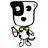 Pixelated cartoon dog with black-and-white face, yellow bow tie, and red paw print on left hand holding a paintbrush.