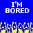 Blue background with white pixelated text reading "I'M BORED" and yellow pixelated shapes resembling flames at the bottom.