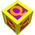 yellow cubes with purple faces displaying orange 'q' symbols, each cube rotated to show multiple sides against a gray background