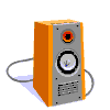 Animated sequence of orange and gray speaker icons with musical notes changing color from blue to red to yellow across frames.
