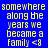 Blue background with yellow pixelated text repeating 'somewhere along the years we became a family <8' in a pattern