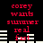 Red pixelated text on black background reads 'corey wants summer real fast' with white horizontal bars, animated to shift left-right in two distinct phases.