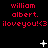 Red text on black background displays 'william albert.' and 'iloveyou!<3' repeated across three with animated white star-like symbols appearing in different positions