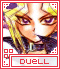 Pixelated anime-style character with blonde hair and purple eyes, framed by red border with white and purple accents, two versions differ only in bottom text.