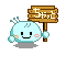 Pixel art character with light blue body holding wooden sign; left pose shows smiling face, right pose shows open mouth.