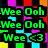 Pixelated text displays 'Wee Ooh' repeated in green and orange, with 'Wee <3' and 'Wee :D' variations over a colorful background