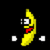 Yellow banana-shaped character with red mouth and white eyes, positioned against black background with four small white circular elements.