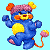A pixelated cartoon bear mascot with blue body, yellow chest, orange accents, and pink-and-yellow headpiece holding a yarn ball on a light blue background next to green text reading "Original Icons .com" on dark green.