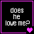 A 4-frame animated contact sheet showing pixelated text "does he love me?" with varying heart symbols in each frame, all within a purple-bordered square on black background.