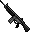 Pixelated black and gray machine gun with yellow muzzle flash on right side, gray background, yellow vertical bar on right edge.